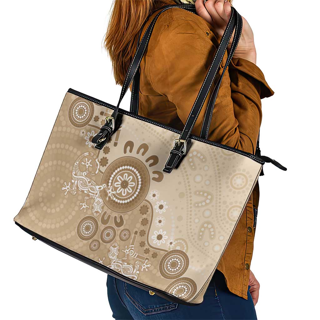 Beige Lizards Australia Leather Tote Bag Boomerang Indigenous Art - Aussie Hoodie