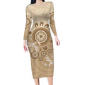 Beige Lizards Australia Long Sleeve Bodycon Dress Boomerang Indigenous Art - Aussie Hoodie