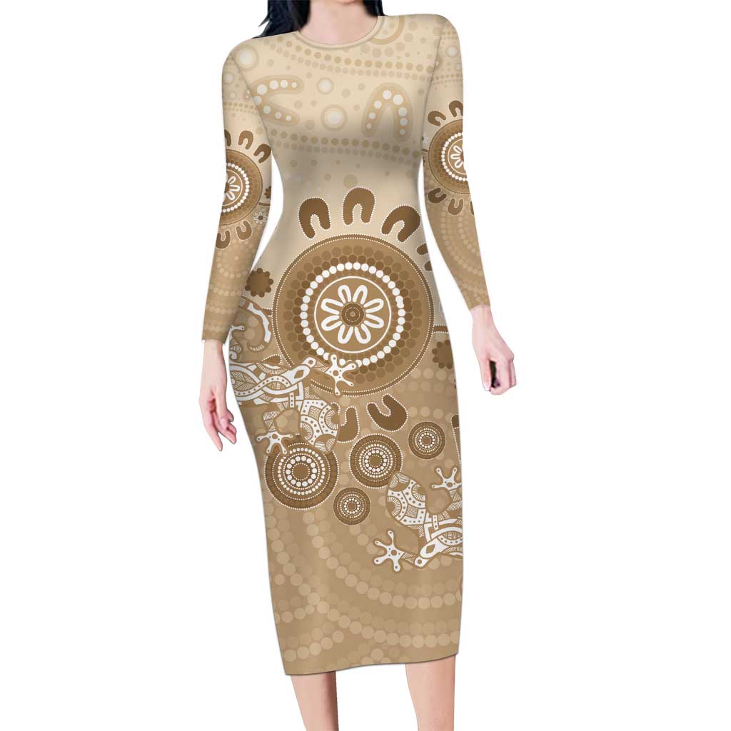 Beige Lizards Australia Long Sleeve Bodycon Dress Boomerang Indigenous Art - Aussie Hoodie