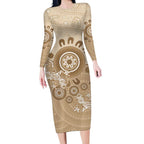 Beige Lizards Australia Long Sleeve Bodycon Dress Boomerang Indigenous Art - Aussie Hoodie