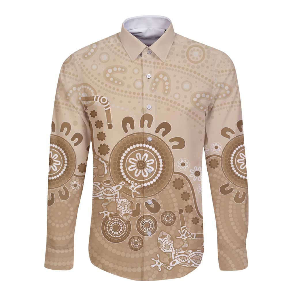 Beige Lizards Australia Long Sleeve Button Shirt Boomerang Indigenous Art - Aussie Hoodie