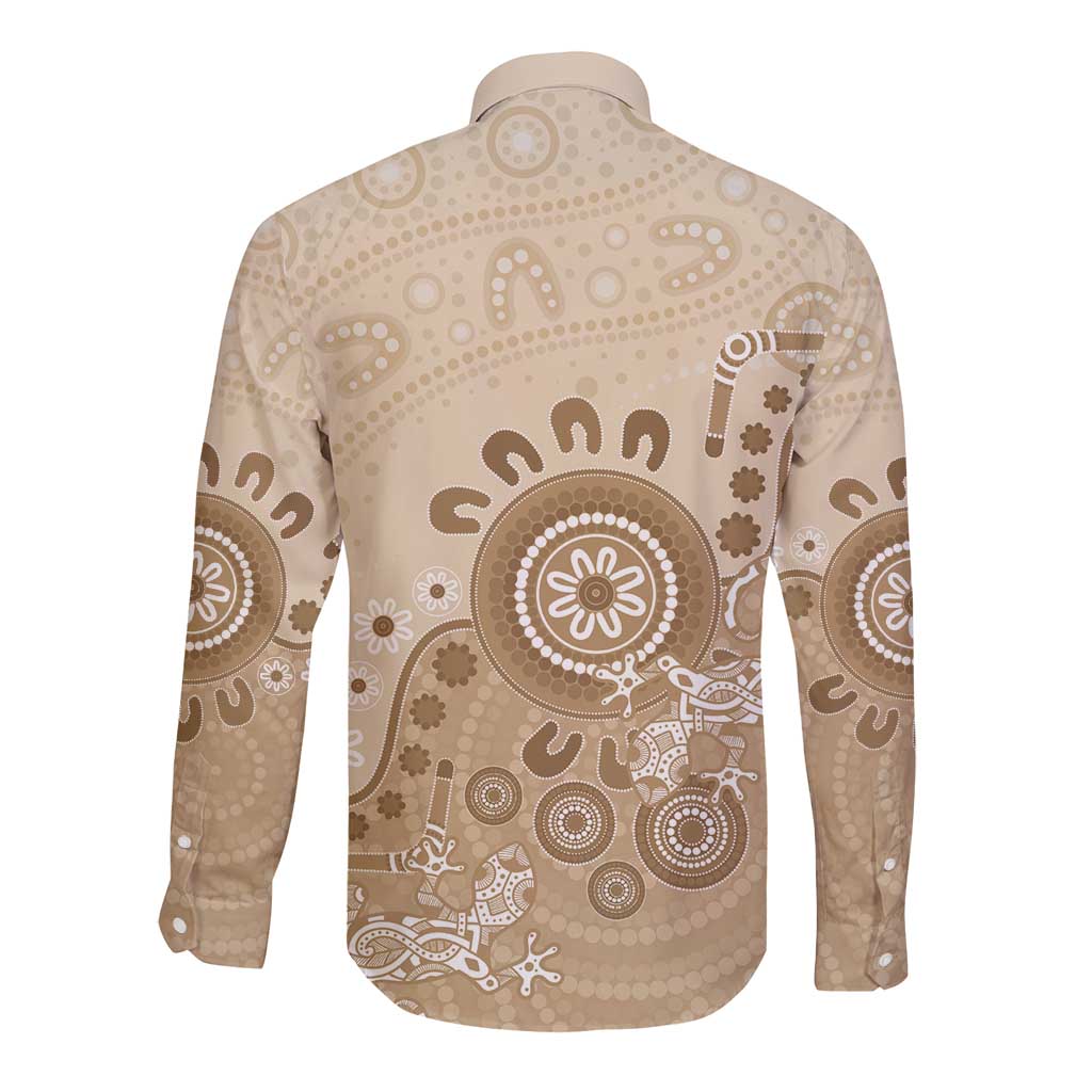 Beige Lizards Australia Long Sleeve Button Shirt Boomerang Indigenous Art - Aussie Hoodie