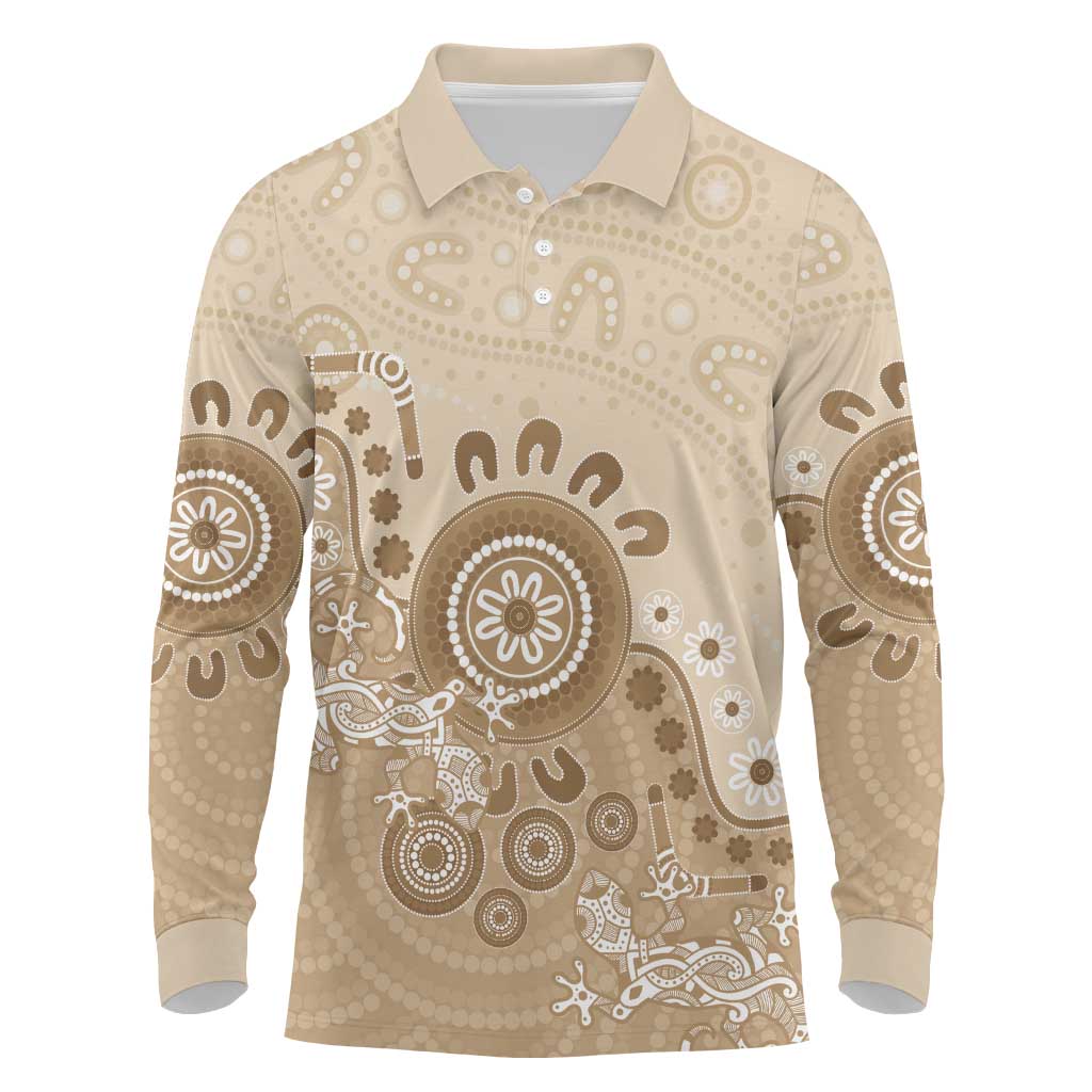 Beige Lizards Australia Long Sleeve Polo Shirt Boomerang Indigenous Art - Aussie Hoodie