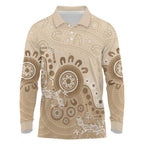 Beige Lizards Australia Long Sleeve Polo Shirt Boomerang Indigenous Art - Aussie Hoodie