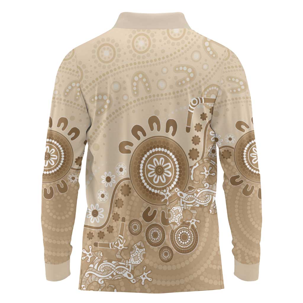Beige Lizards Australia Long Sleeve Polo Shirt Boomerang Indigenous Art - Aussie Hoodie