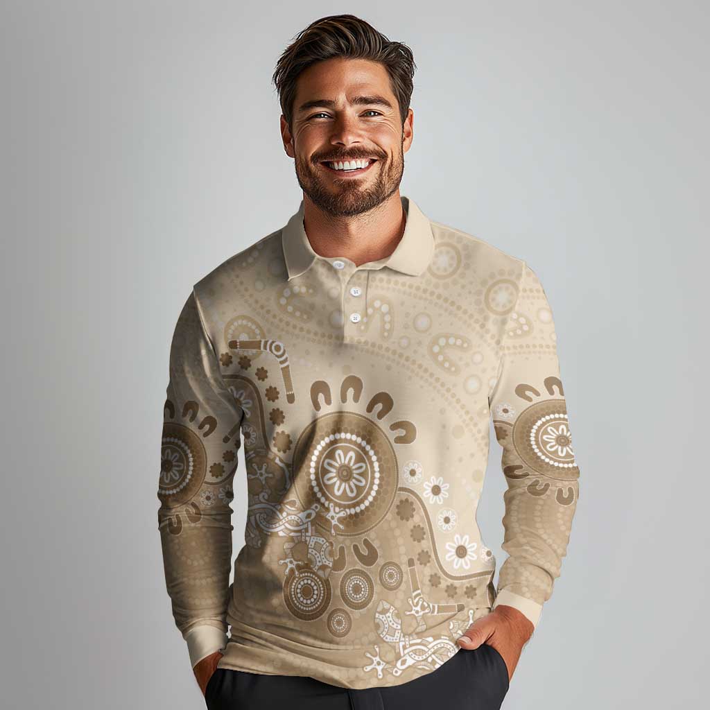 Beige Lizards Australia Long Sleeve Polo Shirt Boomerang Indigenous Art - Aussie Hoodie