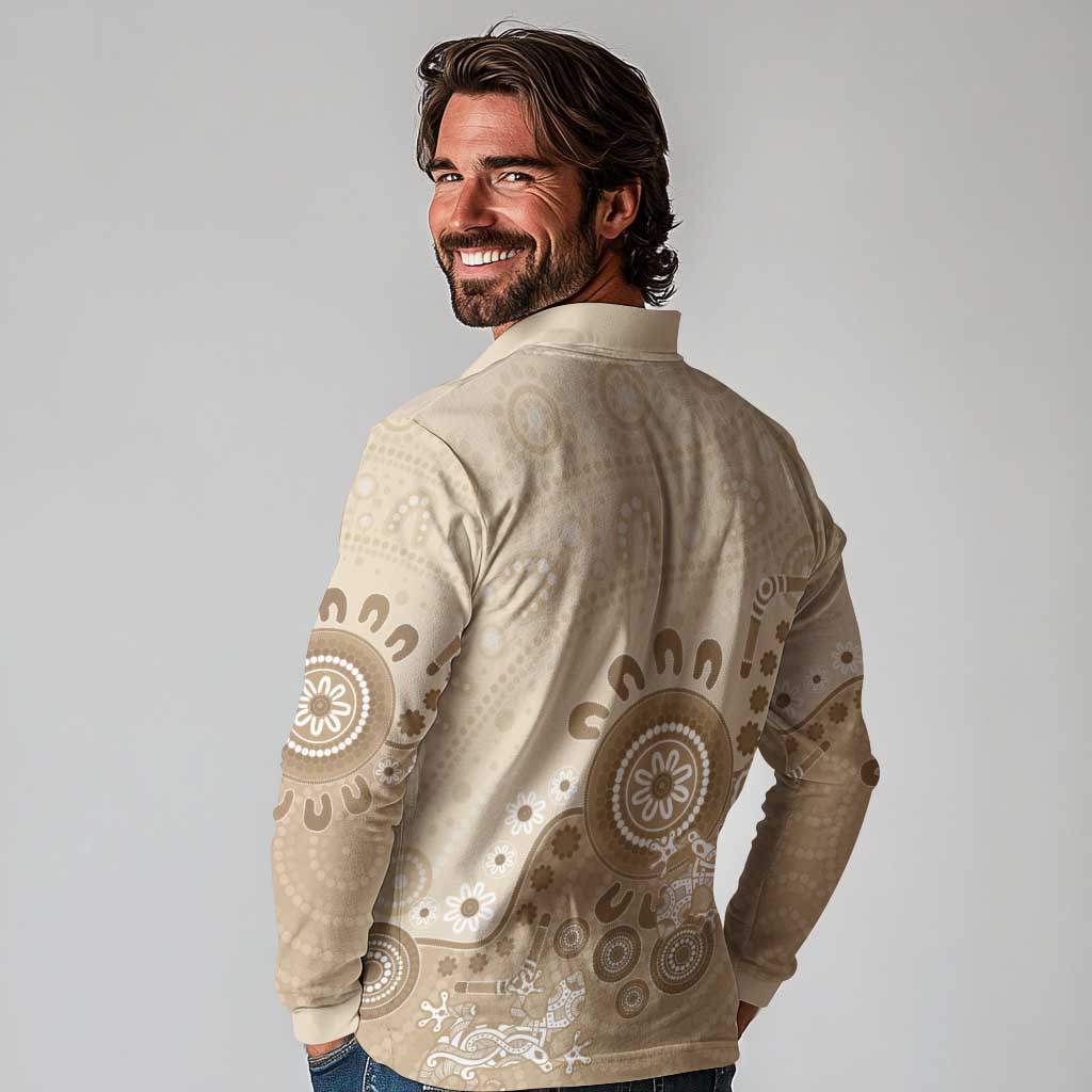 Beige Lizards Australia Long Sleeve Polo Shirt Boomerang Indigenous Art - Aussie Hoodie