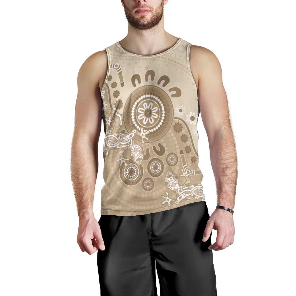 Beige Lizards Australia Men Tank Top Boomerang Indigenous Art - Aussie Hoodie