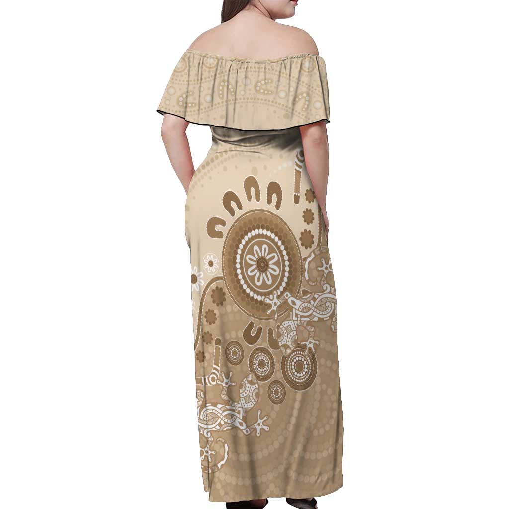 Beige Lizards Australia Off Shoulder Maxi Dress Boomerang Indigenous Art - Aussie Hoodie