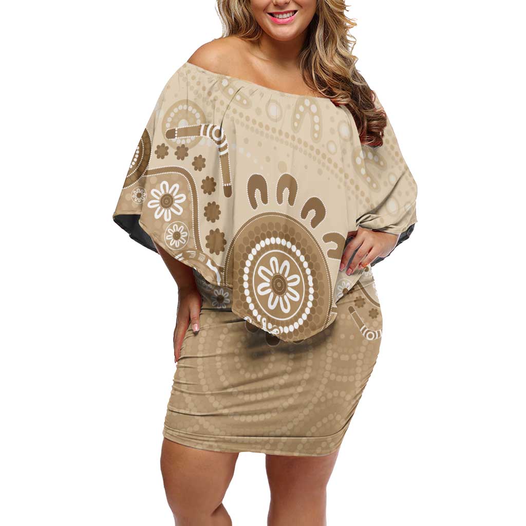 Beige Lizards Australia Off Shoulder Short Dress Boomerang Indigenous Art - Aussie Hoodie