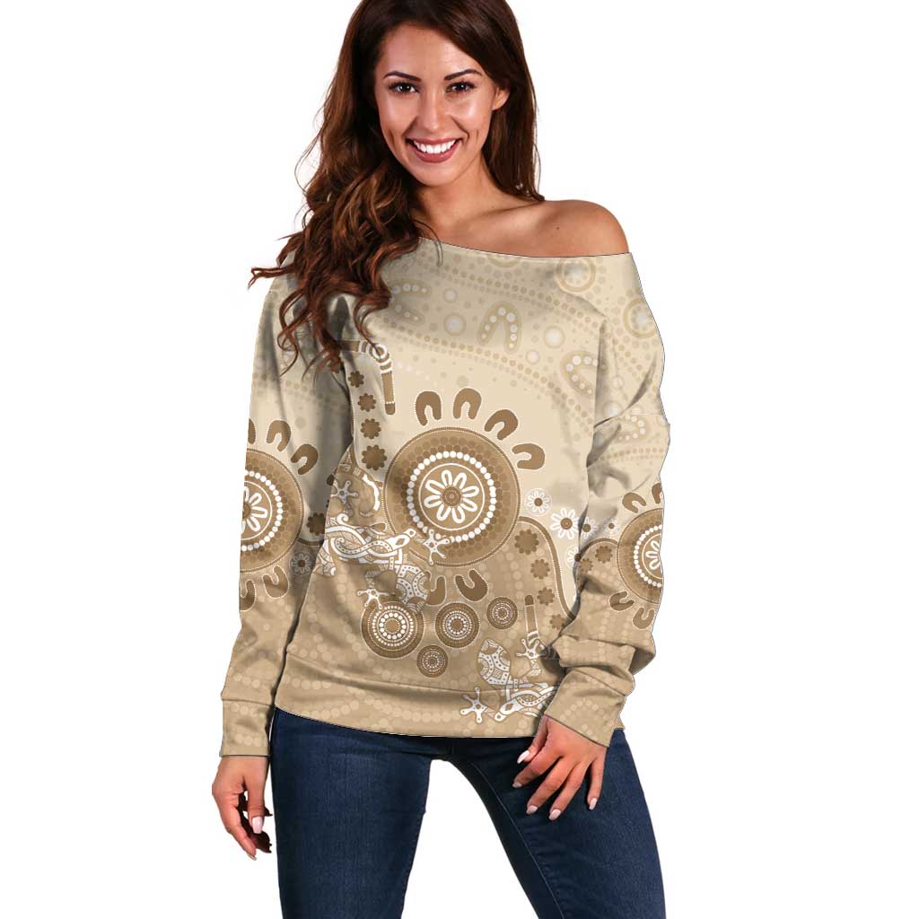 Beige Lizards Australia Off Shoulder Sweater Boomerang Indigenous Art - Aussie Hoodie