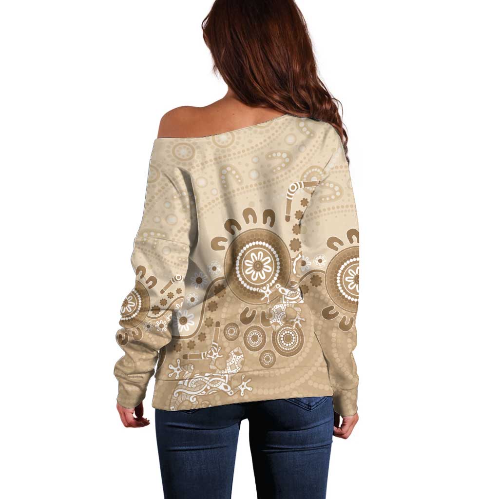 Beige Lizards Australia Off Shoulder Sweater Boomerang Indigenous Art - Aussie Hoodie