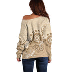 Beige Lizards Australia Off Shoulder Sweater Boomerang Indigenous Art - Aussie Hoodie