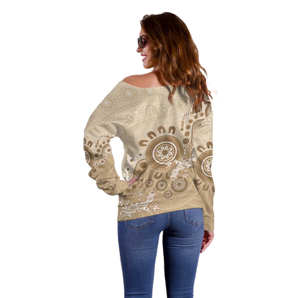 Beige Lizards Australia Off Shoulder Sweater Boomerang Indigenous Art - Aussie Hoodie