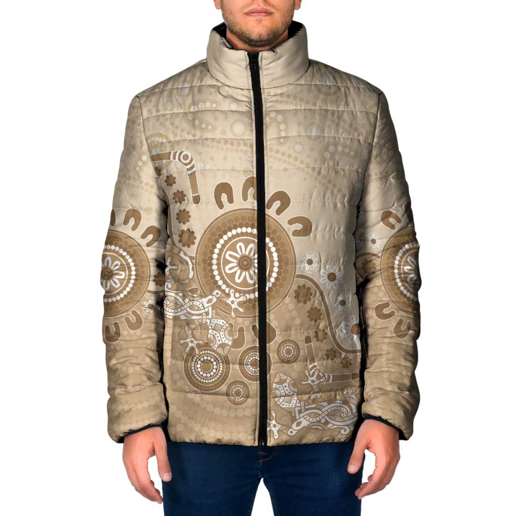 Beige Lizards Australia Padded Jacket Boomerang Indigenous Art - Aussie Hoodie