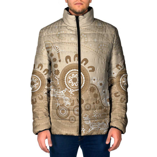 Beige Lizards Australia Padded Jacket Boomerang Indigenous Art - Aussie Hoodie