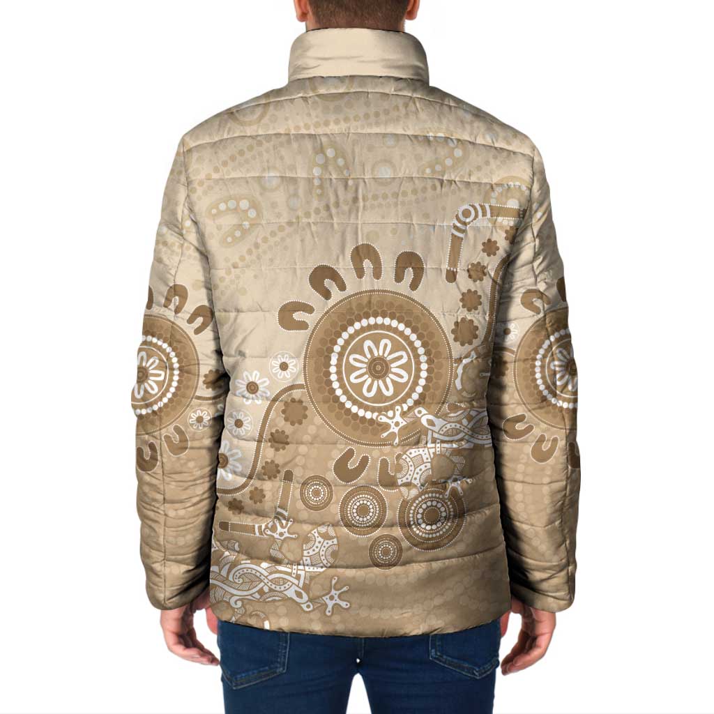 Beige Lizards Australia Padded Jacket Boomerang Indigenous Art - Aussie Hoodie
