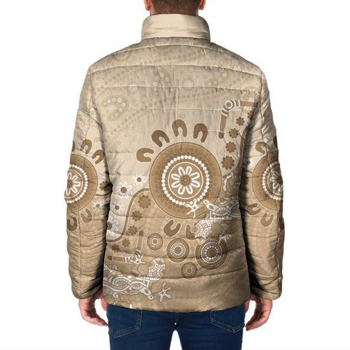 Beige Lizards Australia Padded Jacket Boomerang Indigenous Art - Aussie Hoodie