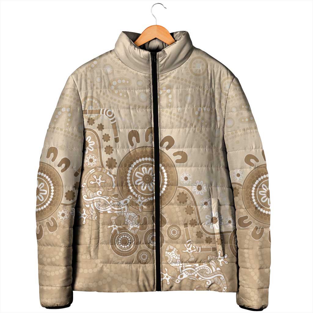 Beige Lizards Australia Padded Jacket Boomerang Indigenous Art - Aussie Hoodie