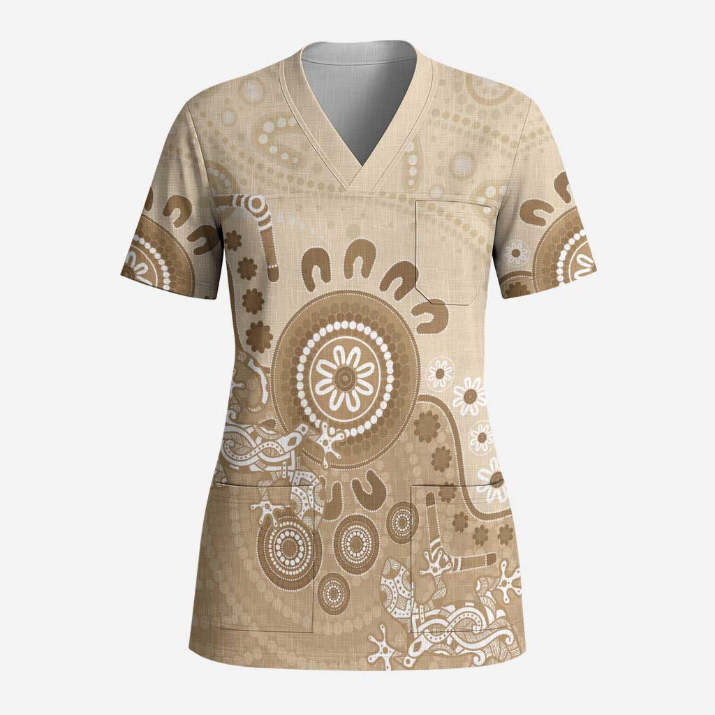 Beige Lizards Australia Scrub Top Boomerang Indigenous Art - Aussie Hoodie