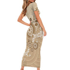 Beige Lizards Australia Short Sleeve Bodycon Dress Boomerang Indigenous Art - Aussie Hoodie