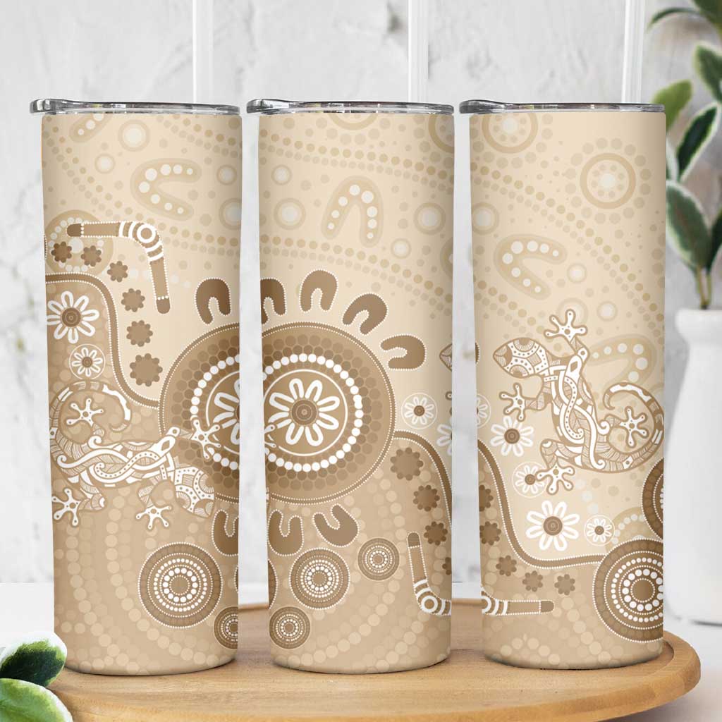 Beige Lizards Australia Skinny Tumbler Boomerang Indigenous Art - Aussie Hoodie