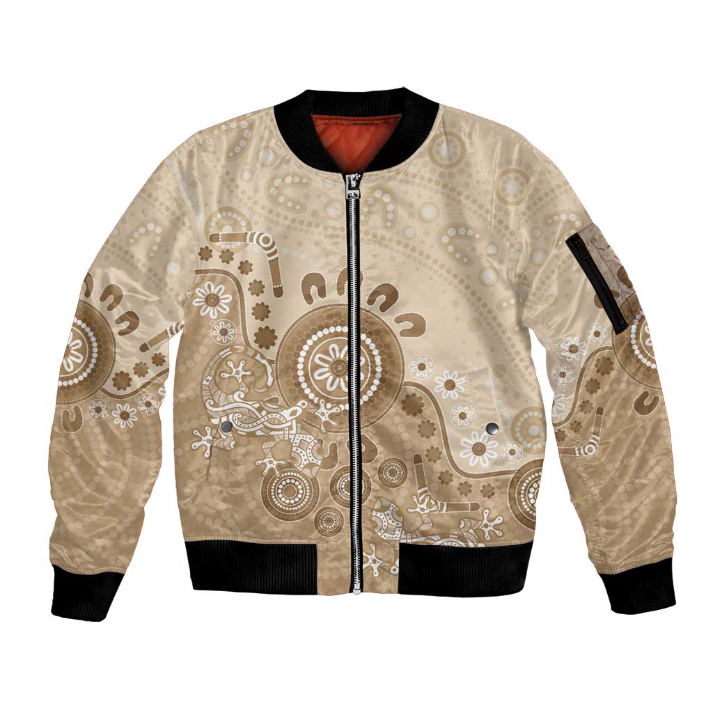 Beige Lizards Australia Sleeve Zip Bomber Jacket Boomerang Indigenous Art - Aussie Hoodie
