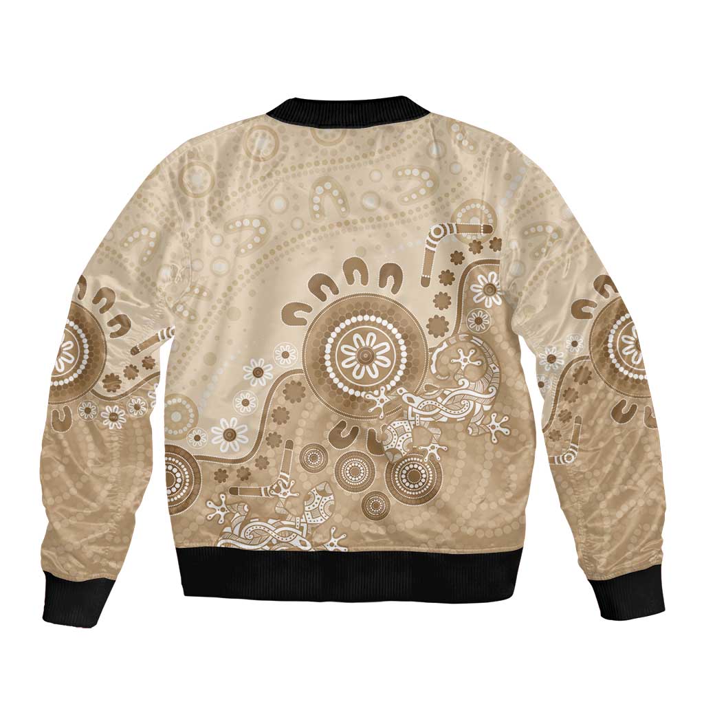 Beige Lizards Australia Sleeve Zip Bomber Jacket Boomerang Indigenous Art - Aussie Hoodie