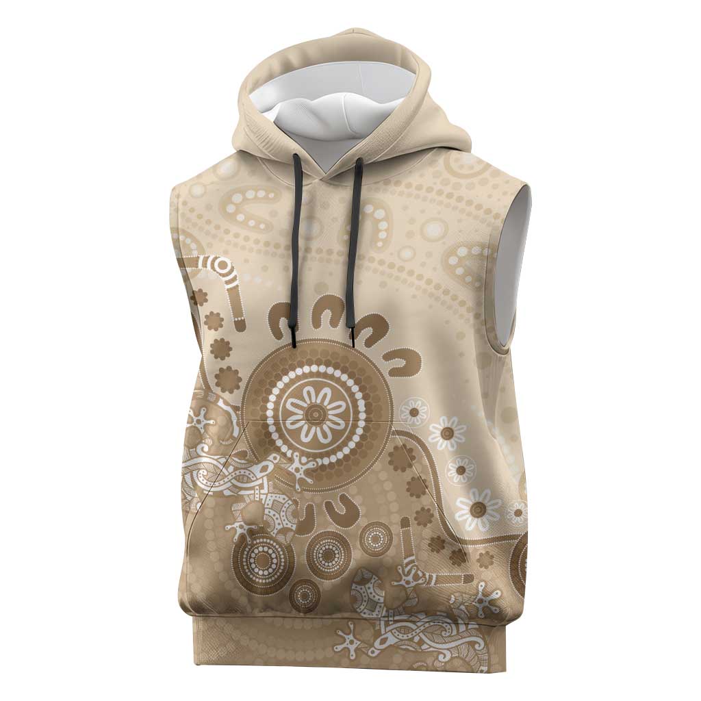 Beige Lizards Australia Sleeveless Hoodie Boomerang Indigenous Art - Aussie Hoodie