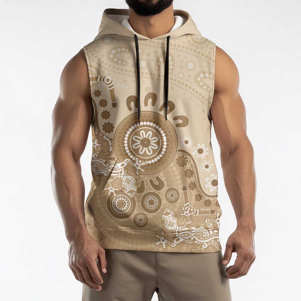 Beige Lizards Australia Sleeveless Hoodie Boomerang Indigenous Art - Aussie Hoodie