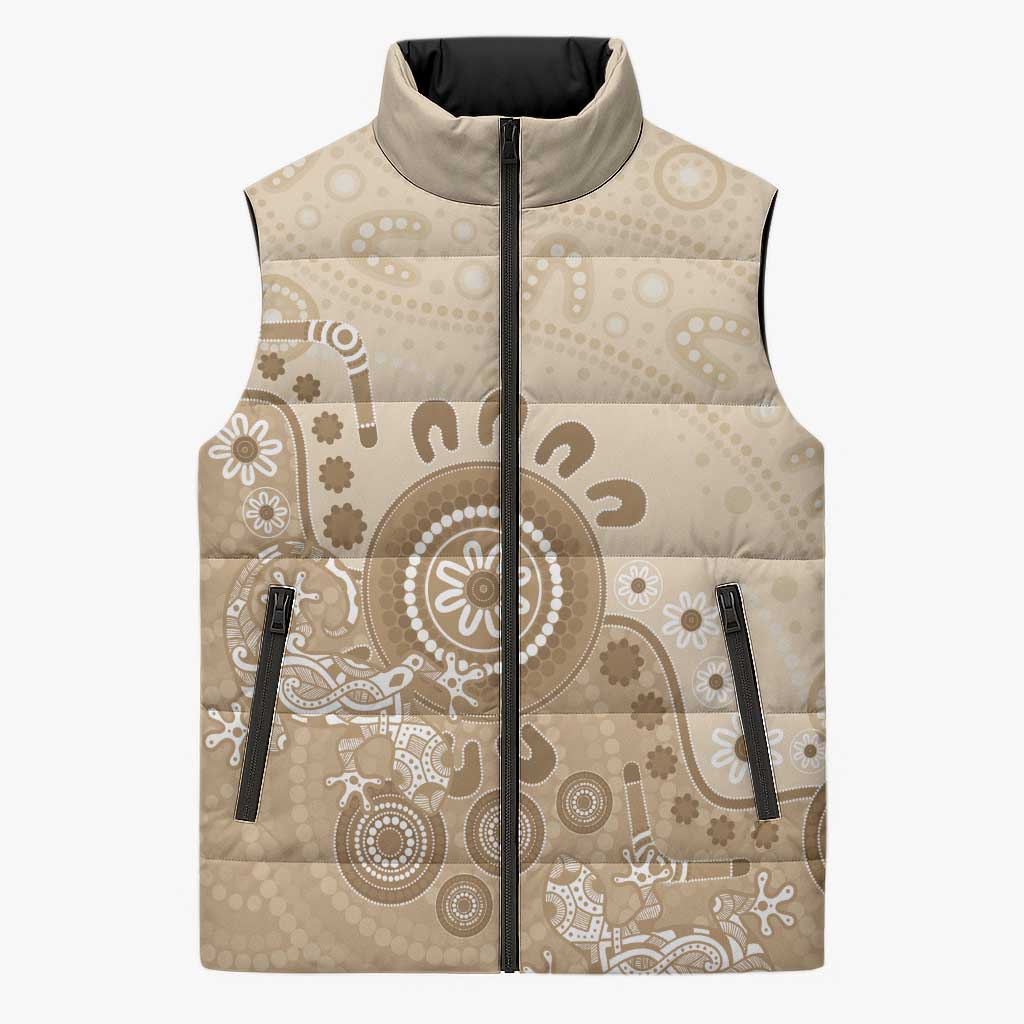 Beige Lizards Australia Sleeveless Puffer Jacket Boomerang Indigenous Art - Aussie Hoodie