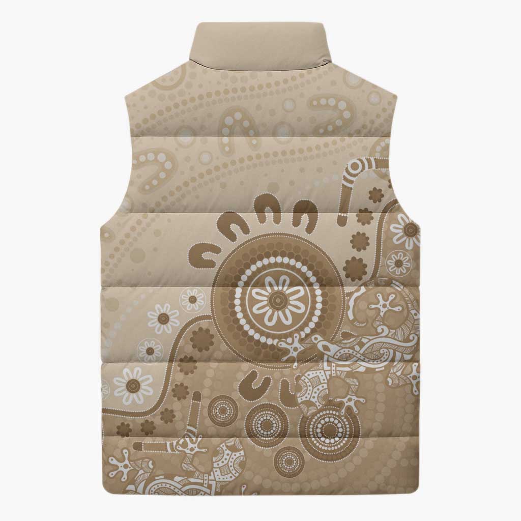 Beige Lizards Australia Sleeveless Puffer Jacket Boomerang Indigenous Art - Aussie Hoodie
