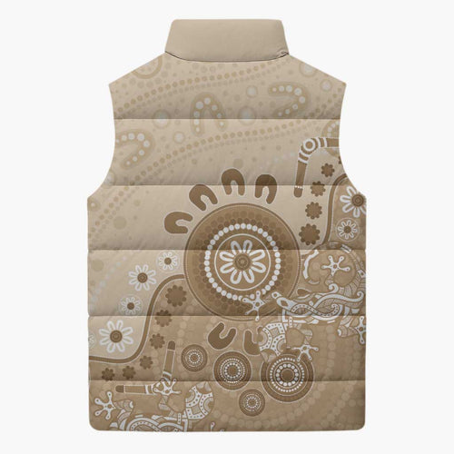 Beige Lizards Australia Sleeveless Puffer Jacket Boomerang Indigenous Art - Aussie Hoodie