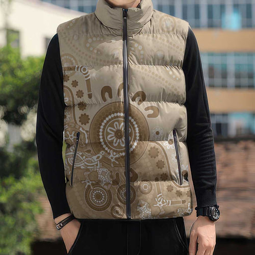 Beige Lizards Australia Sleeveless Puffer Jacket Boomerang Indigenous Art - Aussie Hoodie