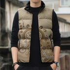 Beige Lizards Australia Sleeveless Puffer Jacket Boomerang Indigenous Art - Aussie Hoodie