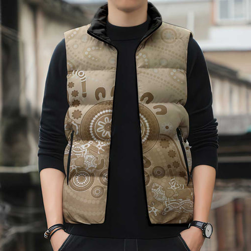 Beige Lizards Australia Sleeveless Puffer Jacket Boomerang Indigenous Art - Aussie Hoodie