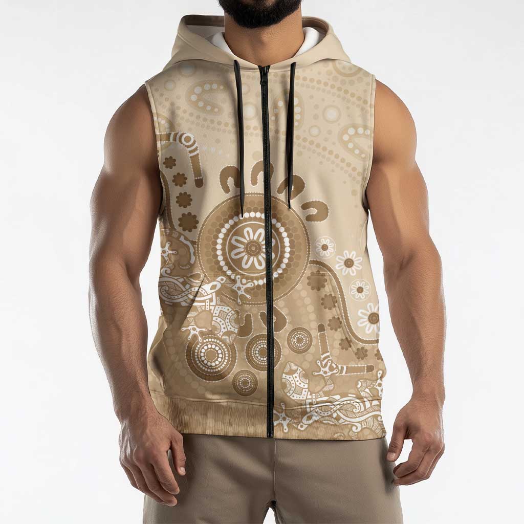 Beige Lizards Australia Sleeveless Zip Hoodie Boomerang Indigenous Art LT14