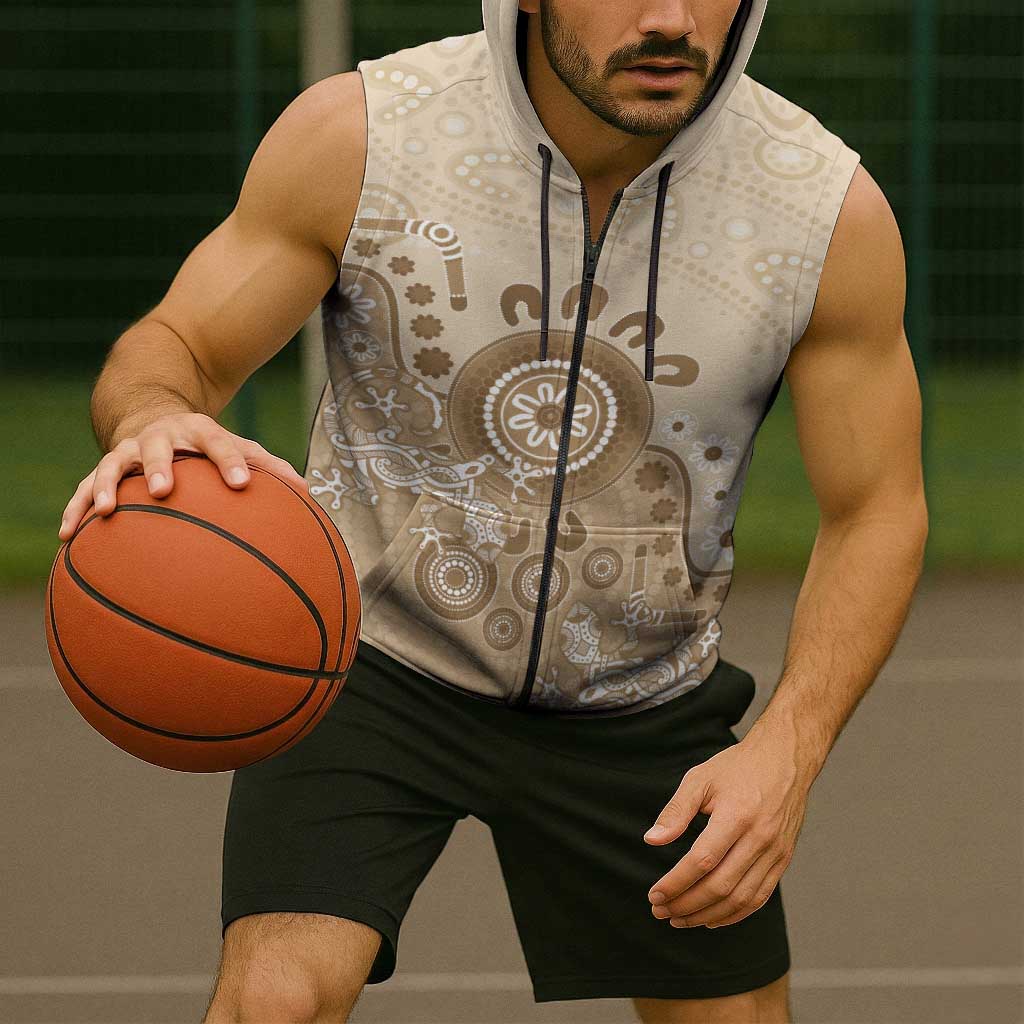 Beige Lizards Australia Sleeveless Zip Hoodie Boomerang Indigenous Art LT14