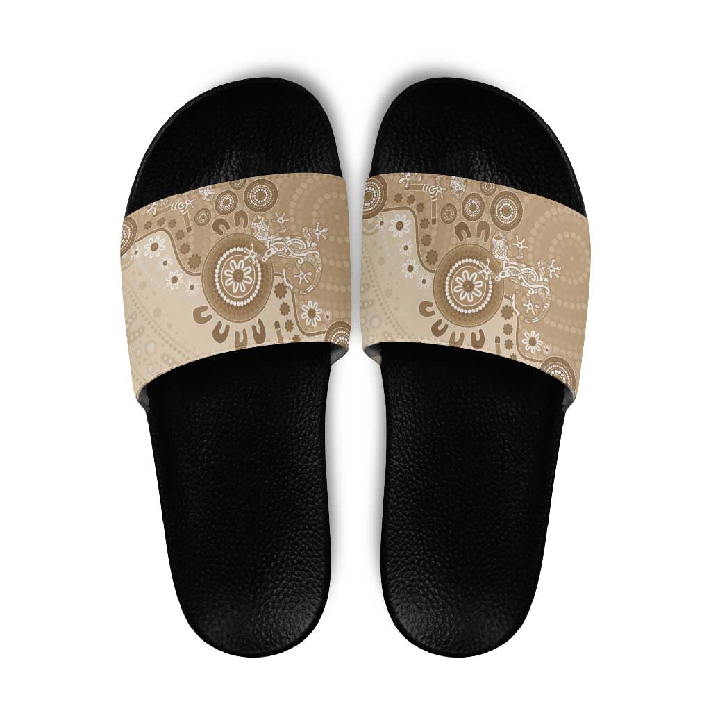 Beige Lizards Australia Slide Sandals Boomerang Indigenous Art - Aussie Hoodie