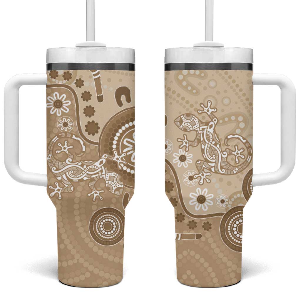 Beige Lizards Australia Tumbler With Handle Boomerang Indigenous Art - Aussie Hoodie