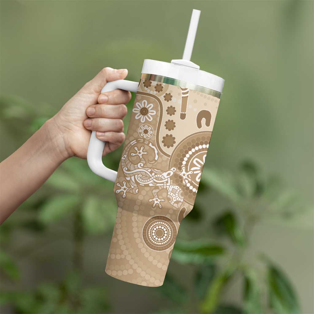 Beige Lizards Australia Tumbler With Handle Boomerang Indigenous Art - Aussie Hoodie