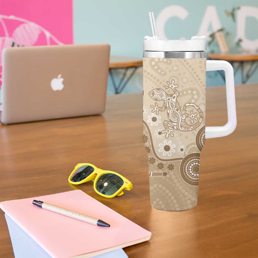 Beige Lizards Australia Tumbler With Handle Boomerang Indigenous Art - Aussie Hoodie