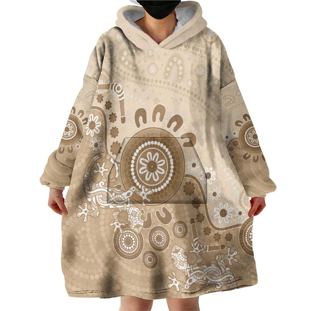 Beige Lizards Australia Wearable Blanket Hoodie Boomerang Indigenous Art - Aussie Hoodie