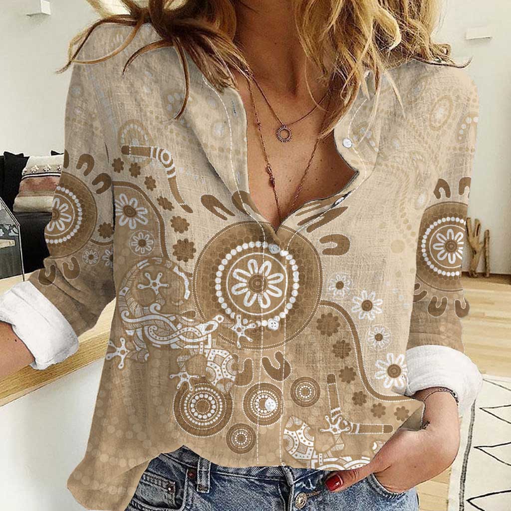 Beige Lizards Australia Women Casual Shirt Boomerang Indigenous Art - Aussie Hoodie