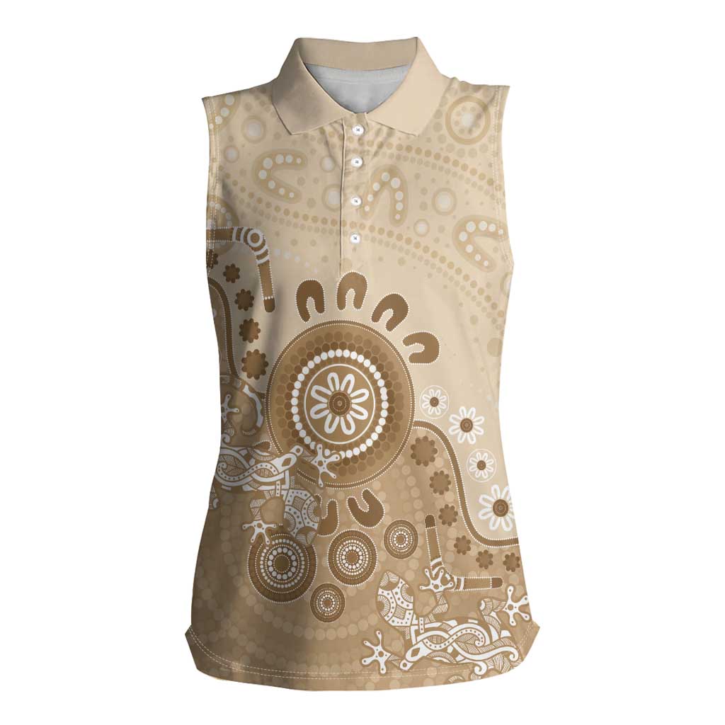 Beige Lizards Australia Women Sleeveless Polo Shirt Boomerang Indigenous Art - Aussie Hoodie