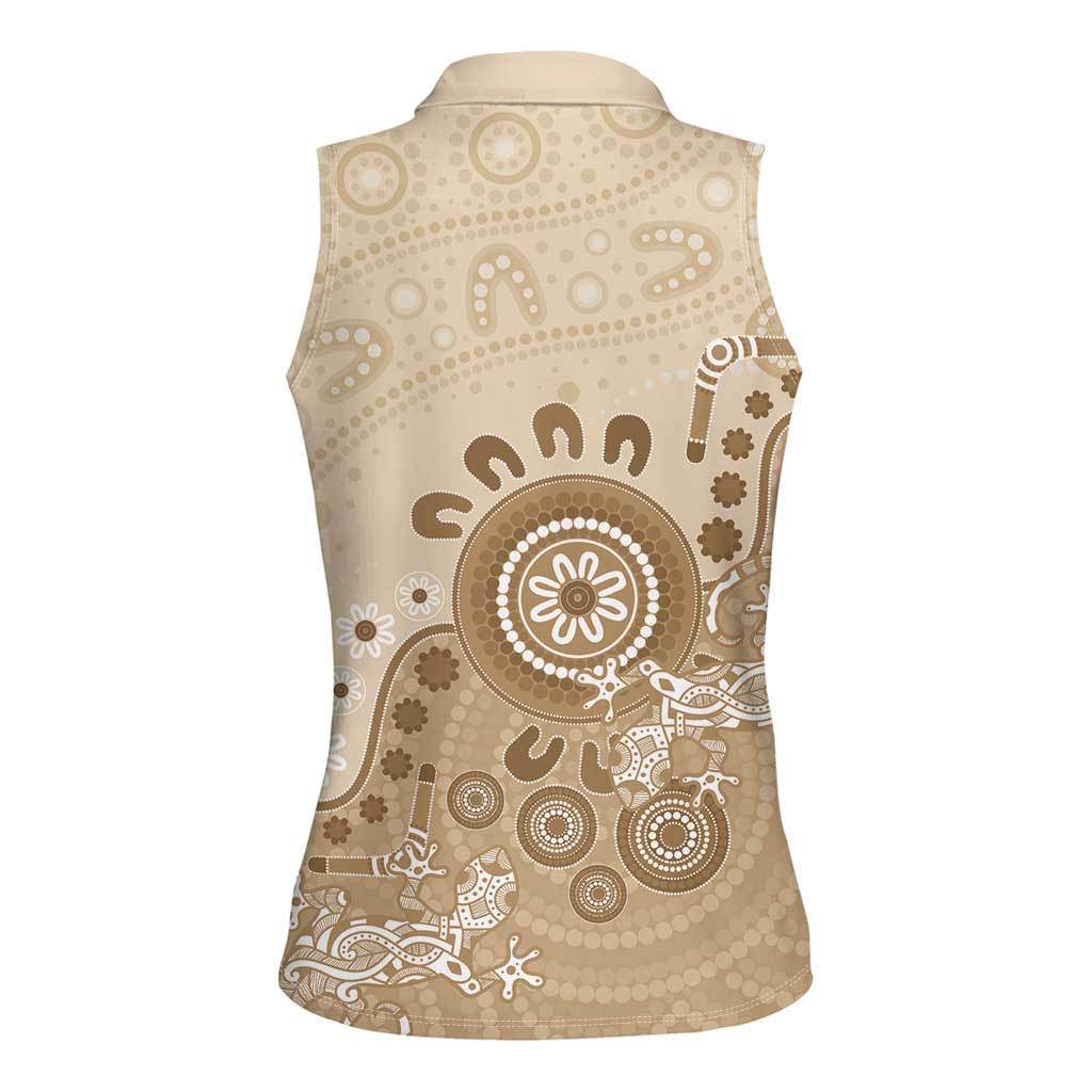 Beige Lizards Australia Women Sleeveless Polo Shirt Boomerang Indigenous Art - Aussie Hoodie