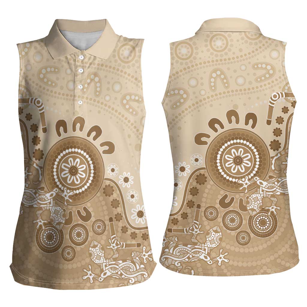 Beige Lizards Australia Women Sleeveless Polo Shirt Boomerang Indigenous Art - Aussie Hoodie