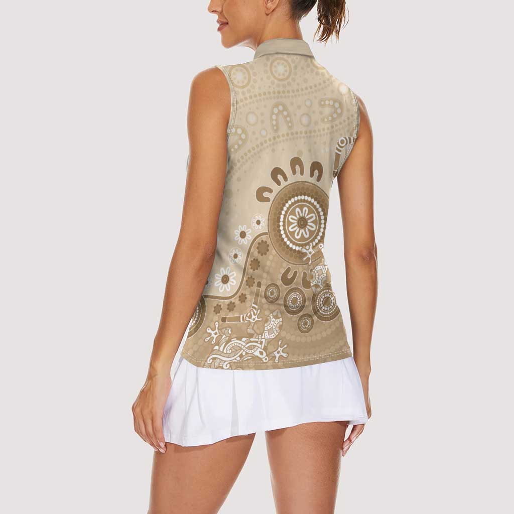 Beige Lizards Australia Women Sleeveless Polo Shirt Boomerang Indigenous Art - Aussie Hoodie