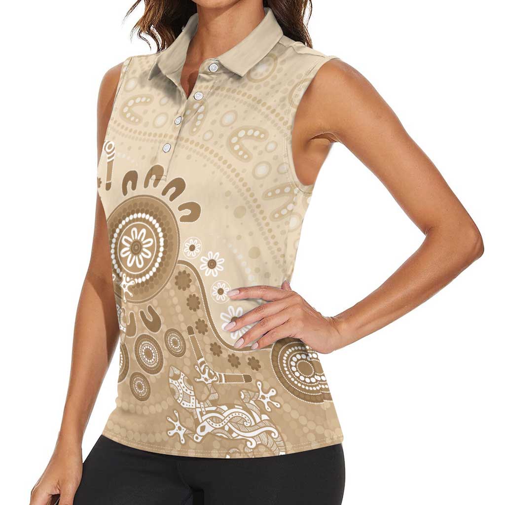 Beige Lizards Australia Women Sleeveless Polo Shirt Boomerang Indigenous Art - Aussie Hoodie