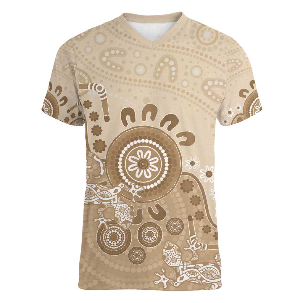 Beige Lizards Australia Women V-Neck T-Shirt Boomerang Indigenous Art - Aussie Hoodie